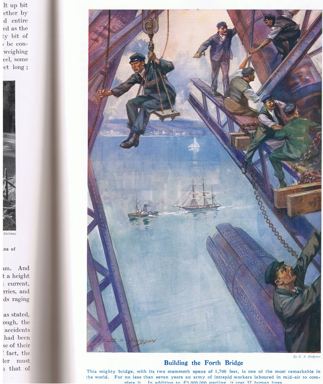 Budowa mostu Forth, ilustracja z „Cuda lądu i morza”, wyd. Cassell, Londyn, 1914 autorstwa E.S. Hodgson