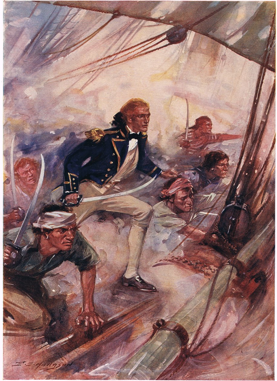 Nelson Boarding the San Josef w bitwie pod St Vincent, ilustracja z „British Battles on Land and Sea”, wydanej przez Cassell, Londyn, ok. 1910 autorstwa E.S. Hodgson
