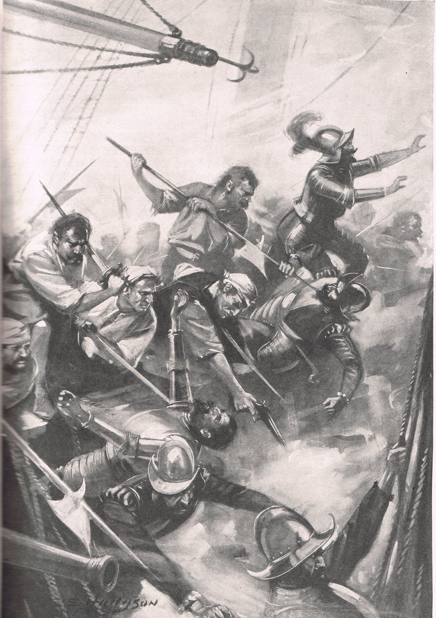 The English Repelling the Spaniards w San Juan de Ulua, ilustracja z „British Battles on Land and Sea”, wydanej przez Cassell, Londyn, ok. 1915 autorstwa E.S. Hodgson