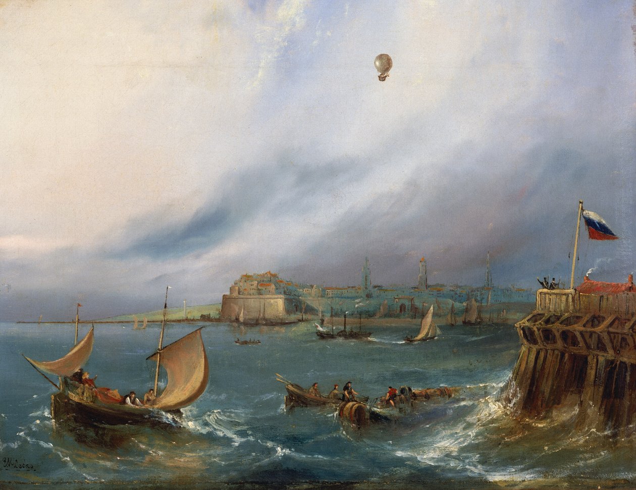 Pierwsze przejście balonem przez kanał La Manche, 7 stycznia 1785, ok. 1840 autorstwa E.W. Cocks