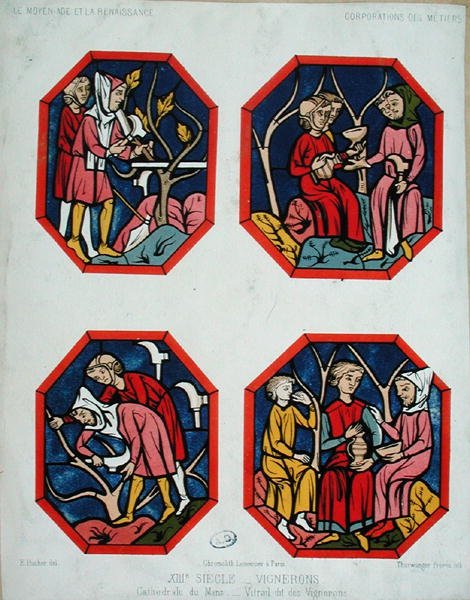 Okno winiarzy, grawerowane przez braci Thurwanger, z witrażu w katedrze Le Mans (kolor lito) autorstwa E. (after) Hucher