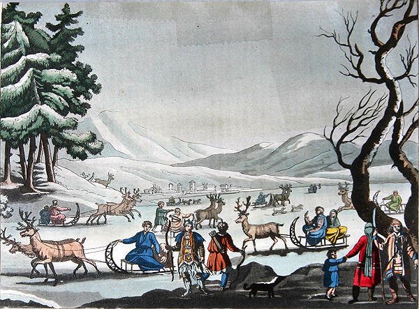 Tungus opuszcza obóz zimowy na saniach ciągniętych przez renifery, ok. 1820 r. (kolorowe grawerowanie) autorstwa E. (after) Karnejeff