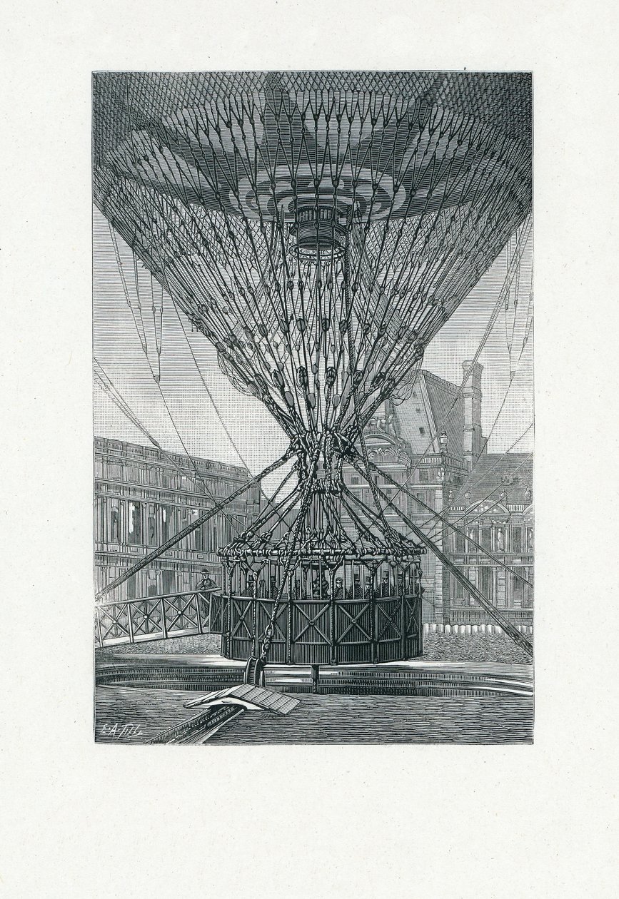Platforma widokowa panoramiczna z wykorzystaniem balonu na ogrzane powietrze, wyd. ok.1880 (grawerowanie bw) autorstwa E. A. Tilly