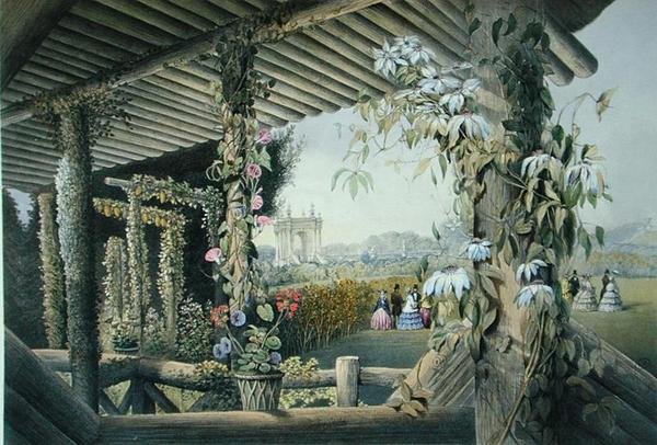 Widok z rustykalnego siedzenia, Shrublands, z „Ogrodów Anglii”, opublikowany 1857 (kolor lito) autorstwa E. Adveno Brooke