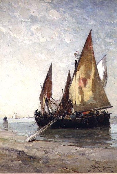 Łodzie rybackie zacumowane na plaży autorstwa E. Aubrey Hunt