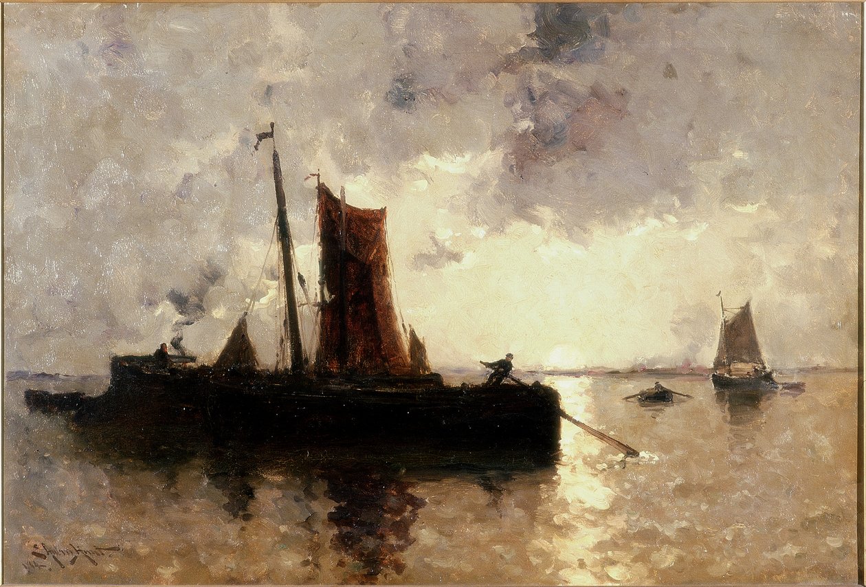 Scena na rzece z żeglugą autorstwa E. Aubrey Hunt