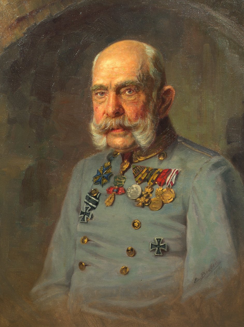 Cesarz Franciszek Józef I w mundurze służbowym austriackiego feldmarszałka autorstwa E. Bieber
