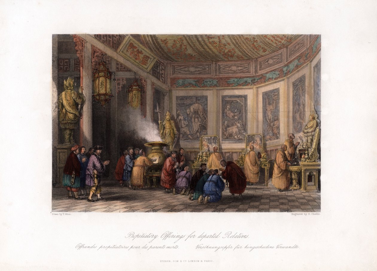 Ofiary przebłagalne dla zmarłych krewnych, Chiny, ok. 1840 r. autorstwa E. Challis