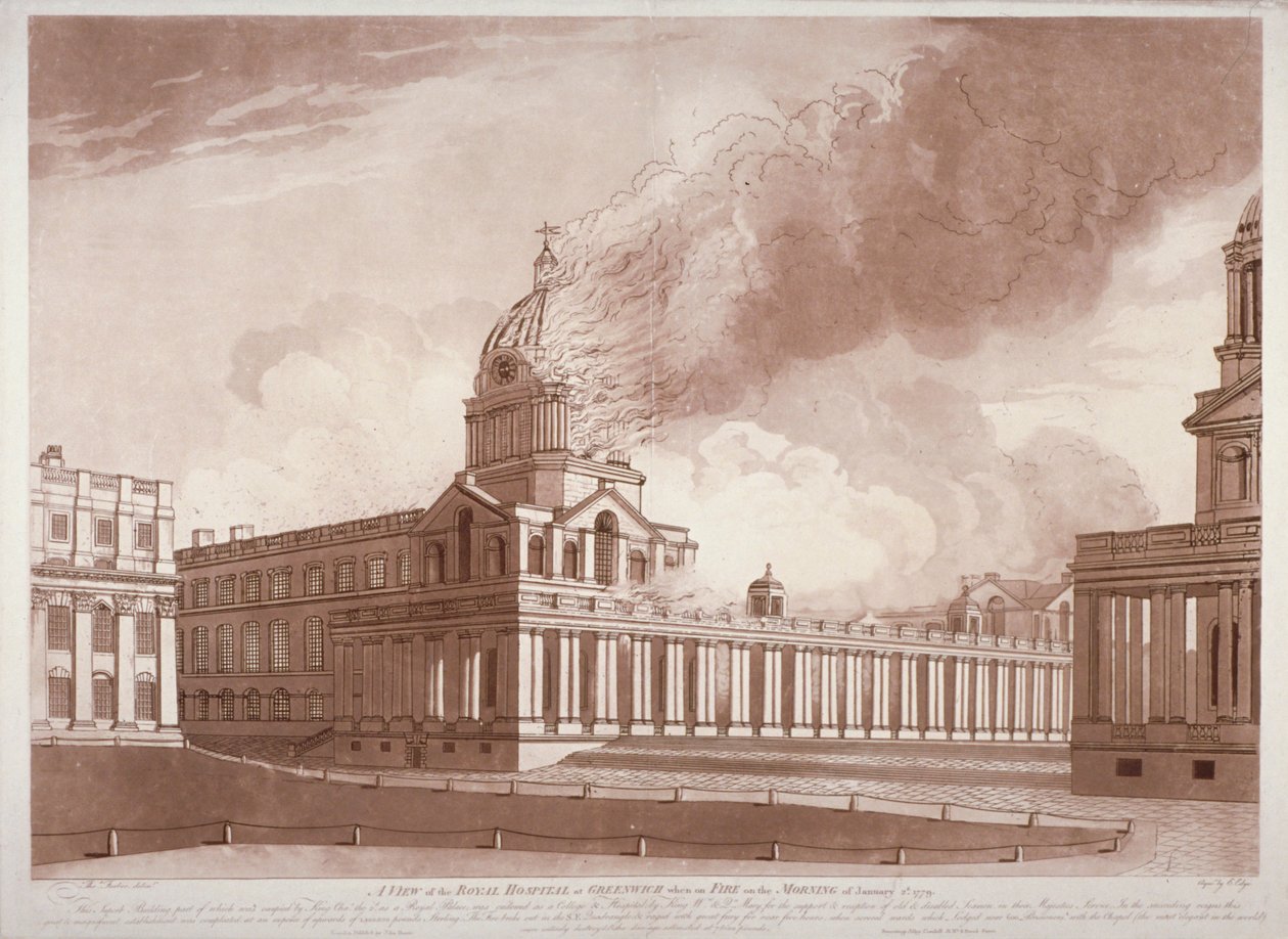 Widok pożaru w szpitalu Greenwich w Londynie rankiem 2 stycznia 1779 r. autorstwa E Edye