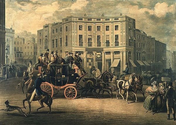 „The Age” Brighton Trener w Bull and Mouth, Regent Circus (grawerowanie) autorstwa E. F. Lambert