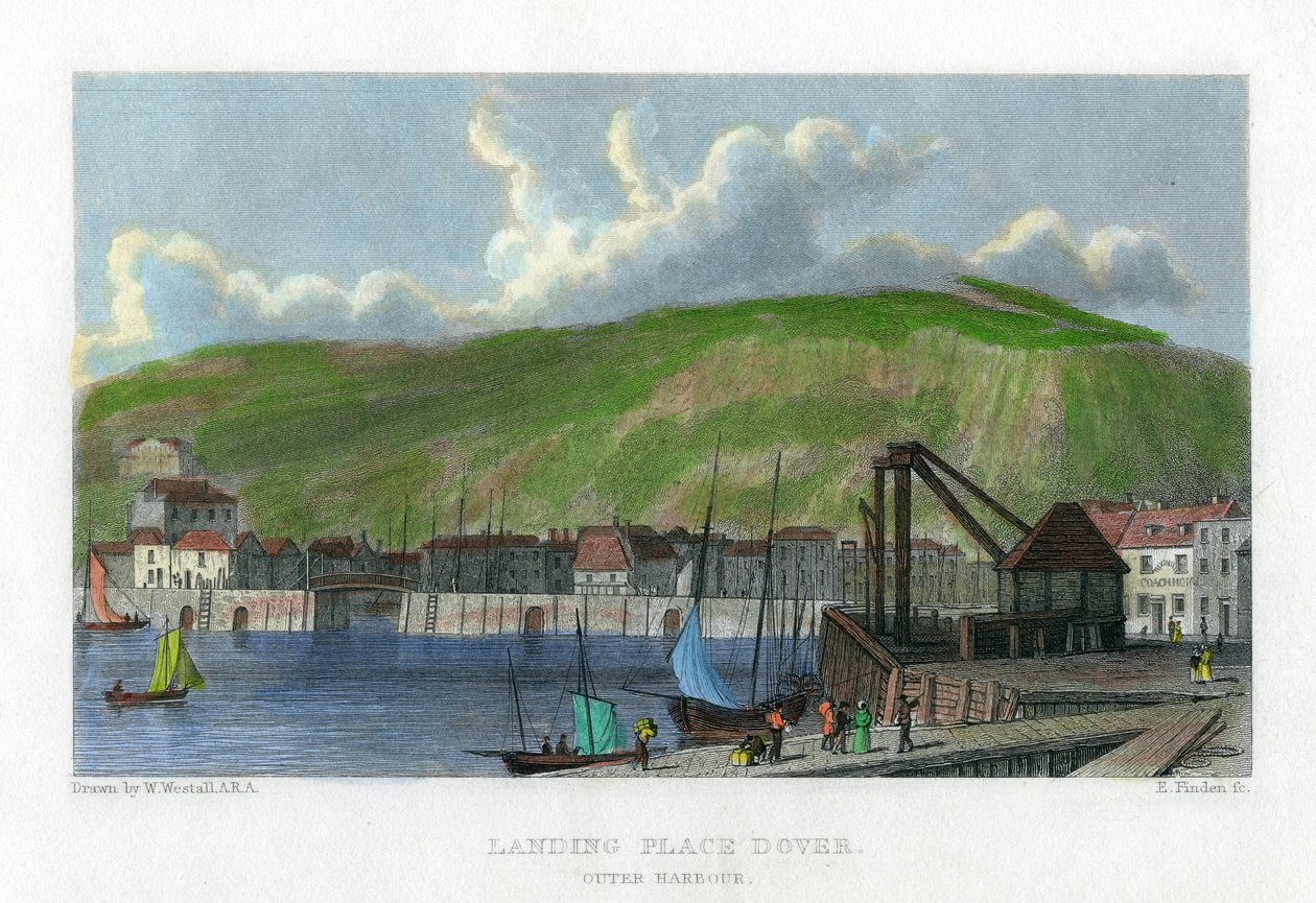 Miejsce lądowania, zewnętrzny port, Dover, Kent, XIX wiek. autorstwa E. Finden