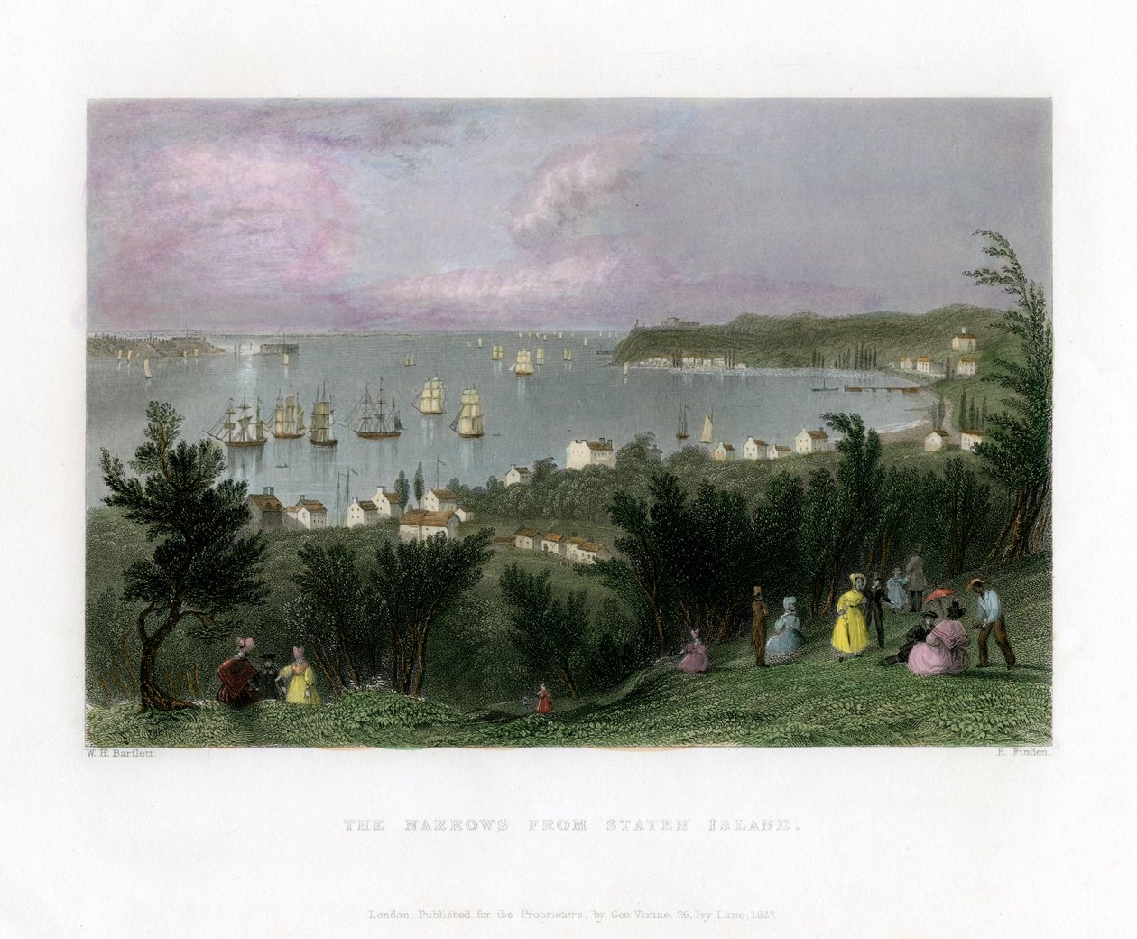 The Narrows widziane ze Staten Island, Nowy Jork, USA, 1837. autorstwa E. Finden