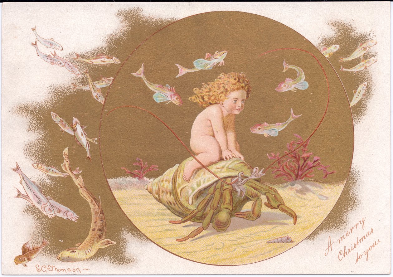 Wiktoriańska kartka bożonarodzeniowa przedstawiająca kraba pustelnika w muszli dosiadanego przez zbiornik wodny otoczony ławicą ryb, Gertrude Thompson, ok. 1895 (kolor litho) autorstwa E. Gertrude Thompson