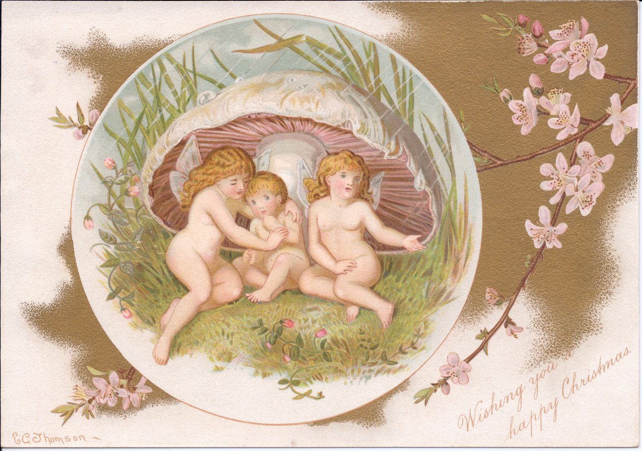 Wiktoriańskie Boże Narodzenie grupy wróżek chroniących się przed deszczem pod muchomorem, Gertrude Thompson, ok. 1895 (kolor lito) autorstwa E. Gertrude Thompson
