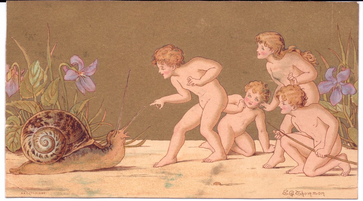 Wiktoriańska kartka z życzeniami czterech nagich wróżek drażniących ślimaka na złotym tle, Gertude Thompson, ok. 1895 (kolor litho) autorstwa E. Gertrude Thompson