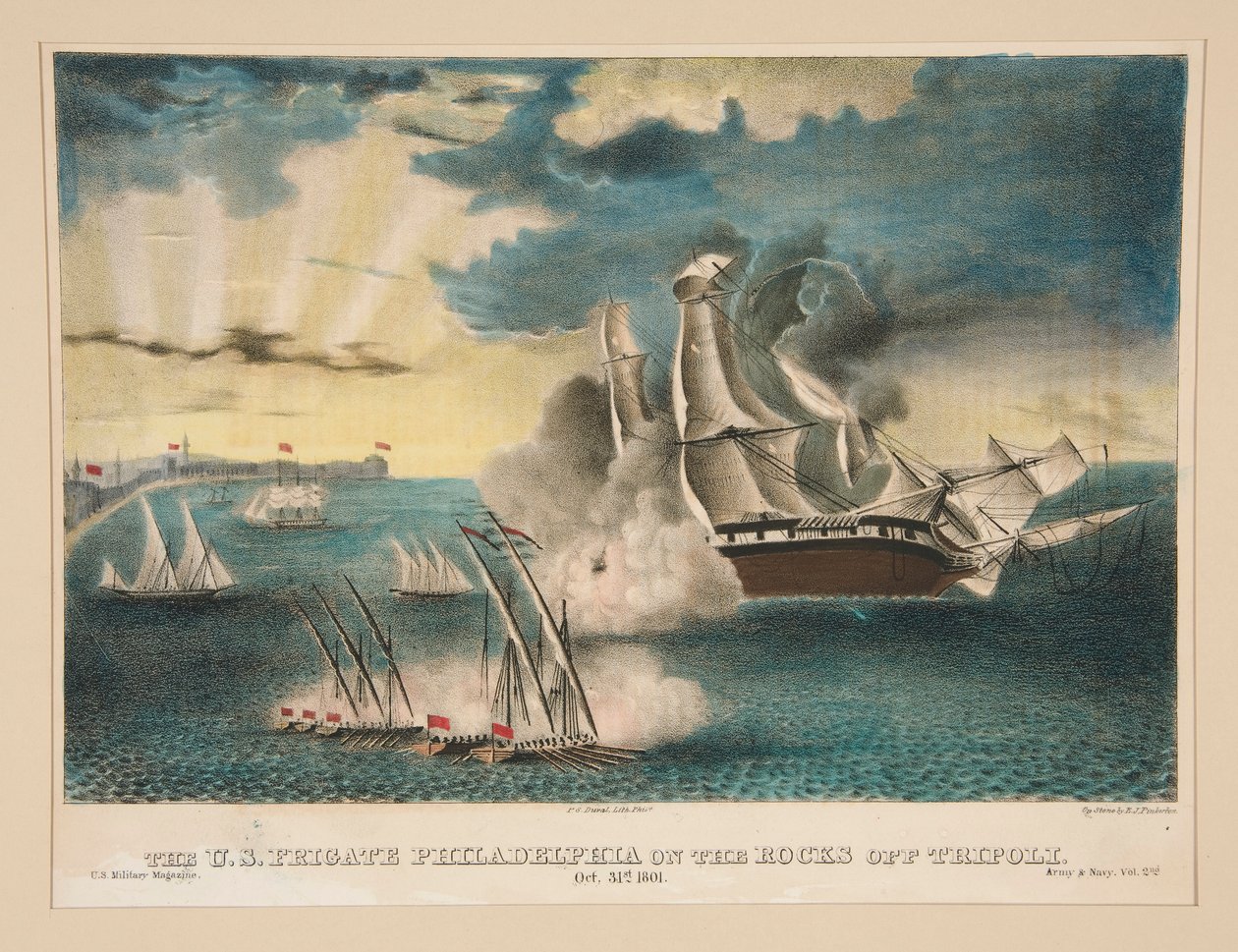 Amerykańska fregata Filadelfia na skałach u wybrzeży Trypolisu (z US Military Magazine Army and Navy, tom II) autorstwa E. J. Pinkerton
