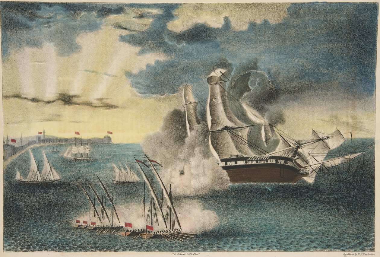 Amerykańska fregata Philadelphia na skałach niedaleko Trypolisu z magazynu Army and Navy, wyd. 1840 (litografia kolorowa) autorstwa E. J. Pinkerton