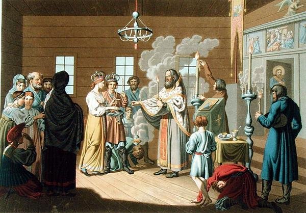 Małżeństwo rosyjskie, rycina X. Wagner (kolor lito) autorstwa E. Karnejeff