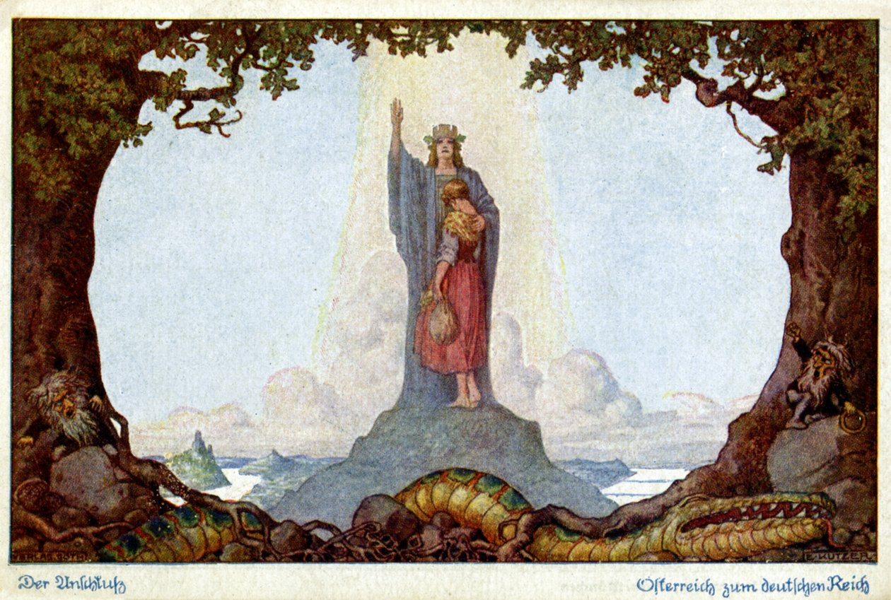 Historia. Związek Austrii i Niemiec. Alegoria E. Kutzera, Austria, ok. 1920 r. (pocztówka) autorstwa E. Kutzer