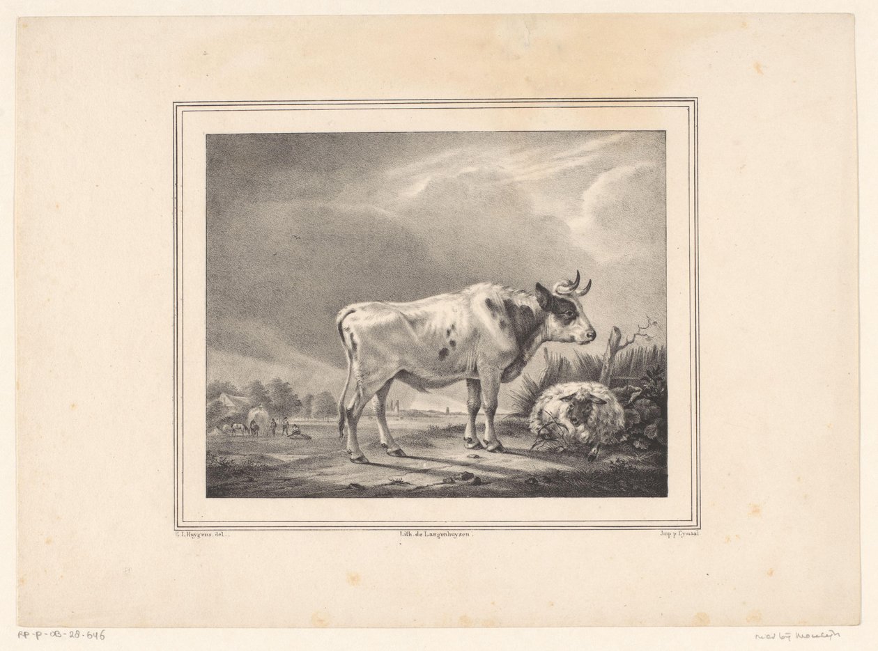 Stojąca krowa i leżące owce w krajobrazie autorstwa E. L. Huygens (possibly)