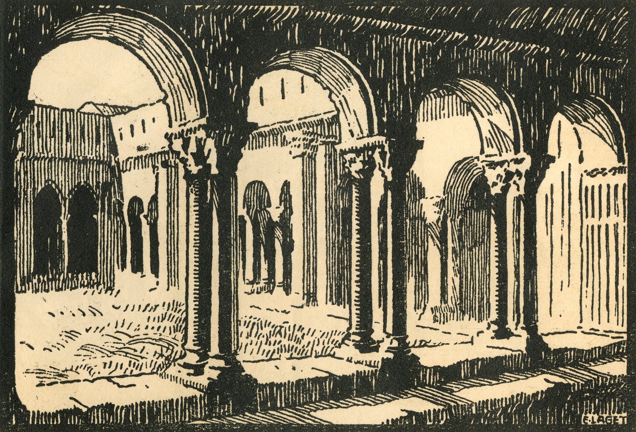 „Cloitre St-Trophime - Krużganki kościoła St-Trophime”, ok. 1920r. autorstwa E Laget