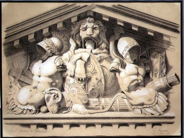 Rzeźbiarski Fronton w Luwrze (węgiel z białą kredą na papierze) autorstwa E. Laquerbe