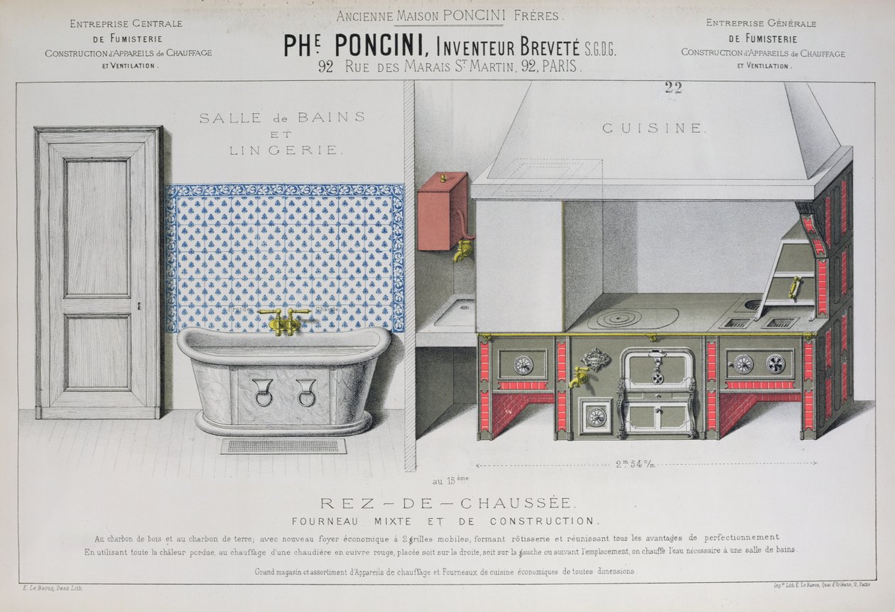 Projekty kuchni i łazienek, ilustracja z katalogu „Poncini”, koniec XIX w. (kolor lito) autorstwa E. Le Baron