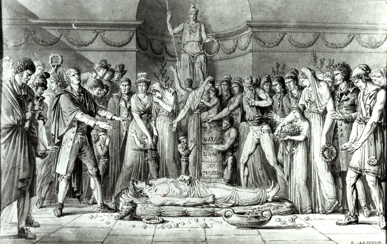 Pogrzeb Jeana Paula Marata (1743-93) w kaplicy Club des Cordeliers, 16 lipca 1793, ok. 1793 (pióro i atrament na papierze) (fot. bw) autorstwa E. Le Sueur