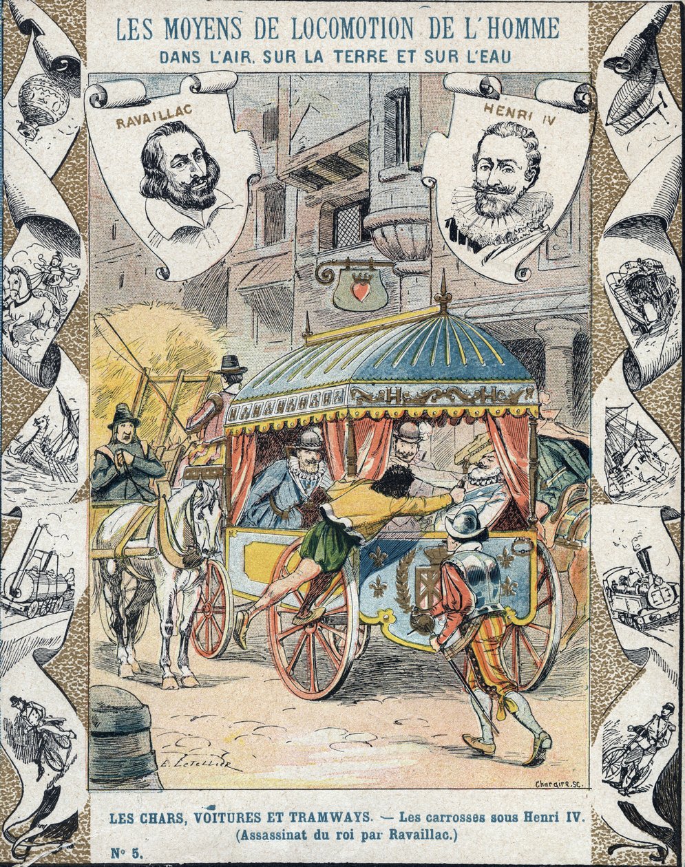 Zabójstwo Henryka IV przez Francoisa Ravaillaca na rue de la Ferronerie 14 maja 1610 - Z rękawa ochronnego na podręczniki szkolne, koniec XIX wieku - Śmierć Henryka IV: Zabójstwo Henryka IV (1553 - 1610) 14 maja 1610 przez Francois Ravaillac (1 autorstwa E. Letellier