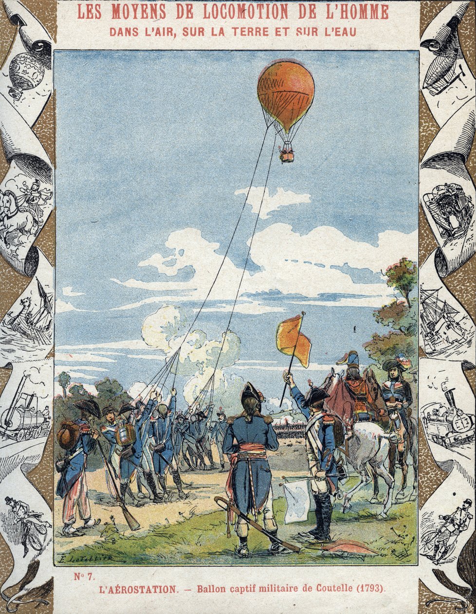 Balon zbudowany przez francuskiego inżyniera Jeana Marie Josepha (Jean-Marie-Joseph) Coutelle (1748-1835) dla francuskich armii rewolucyjnych do szpiegowania wrogów autorstwa E. Letellier