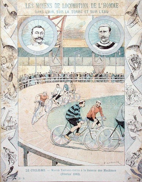 Charles Terront (1857-1932) i Jules Corre w Galerie des Machines w lutym 1893, z podręcznika szkolnego (kolor lito) autorstwa E. Letellier