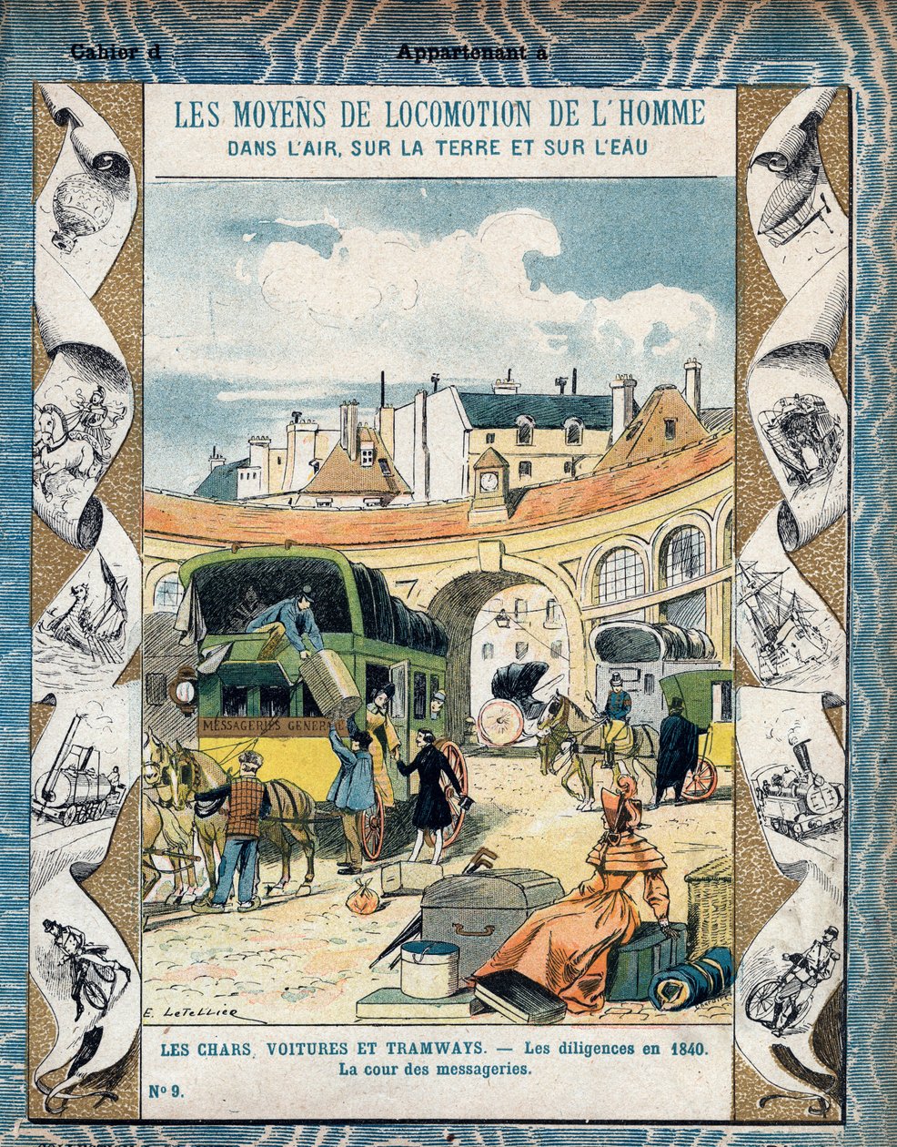 Diligence en 1840 - la cour des messageries - Dyliżans z 1840 r. - Z rękawa ochronnego na podręczniki szkolne, koniec XIX wieku - ilustracja E. Letellier - Protege notebook historique, płetwa XIX wiek - autorstwa E. Letellier