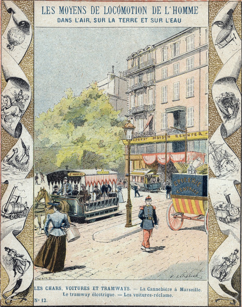 La Canebiere w Marsylii - tramwaj elektryczny - odzyskiwanie samochodów - ilustracja E Letellier - Chroń notatnik historyczny, koniec XIX wieku autorstwa E. Letellier