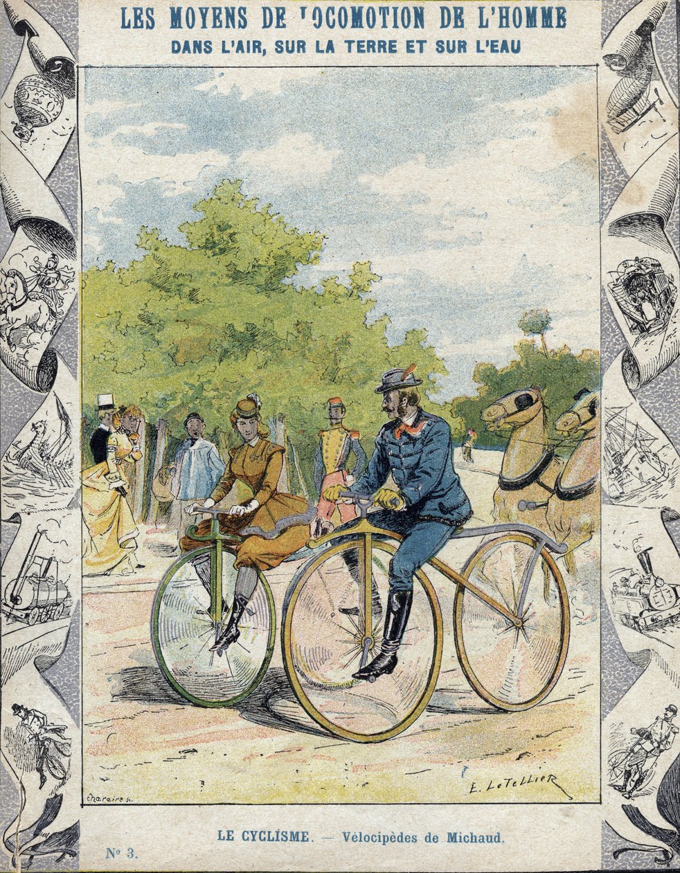 Pierre Michaux i Michaudine velocipedes - Z rękawa ochronnego na podręczniki szkolne, koniec XIX wieku - velocipedes a pedale (les michaudines) autorstwa Pierre Michaux (1813-1883) autorstwa E. Letellier