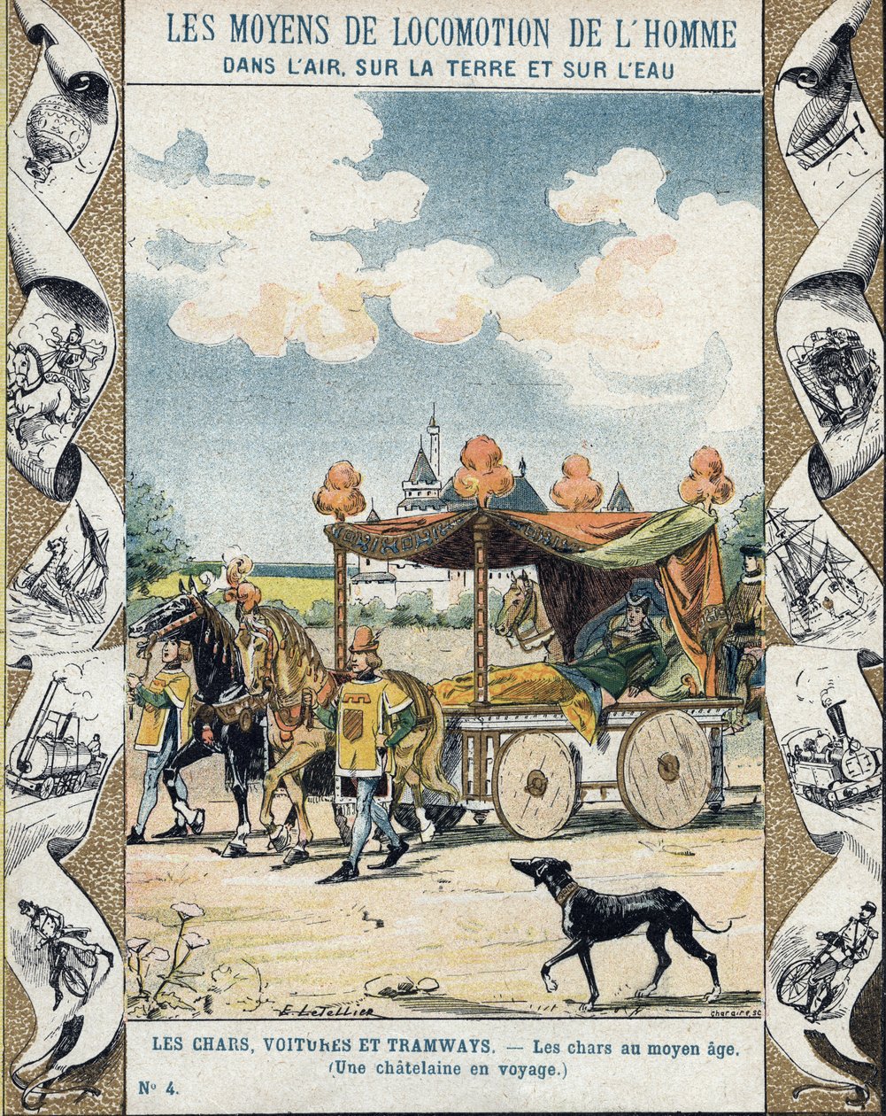 Czołgi w średniowieczu - Chatelaine en voyage - ilustracja E Letellier - Chroni zeszyt historyczny, koniec XIX wieku autorstwa E. Letellier