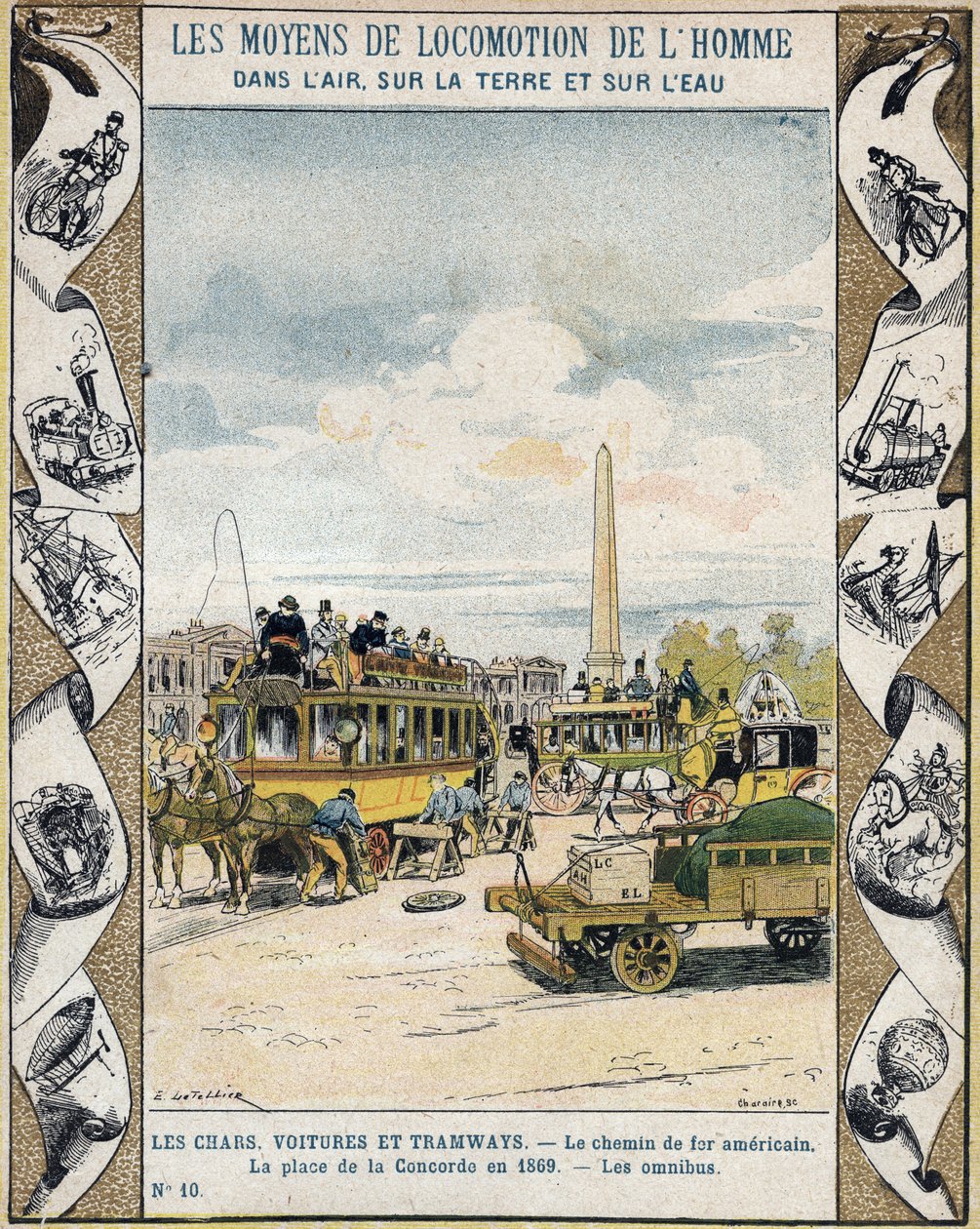Ruch na Place de la Concorde w Paryżu w 1869 r.: omnibus konny i „chemin de fer americain” (linia tramwajowa) - Z rękawa ochronnego na podręczniki szkolne, koniec XIX w. - Czołgi, samochody i tramwaje: kolej amerykańska, Place de Concorde de autorstwa E. Letellier