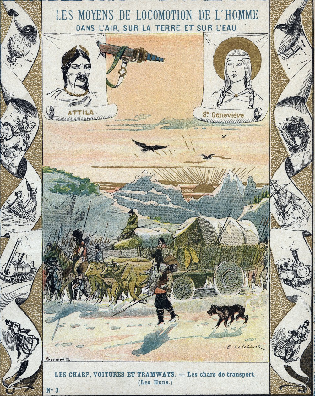 Czołgi transportowe - Hunowie Attyli (ok. 395-453) - Inwazje barbarzyńców - ilustracja E Letellier - Chroni zeszyt historyczny, koniec XIX wieku - autorstwa E. Letellier
