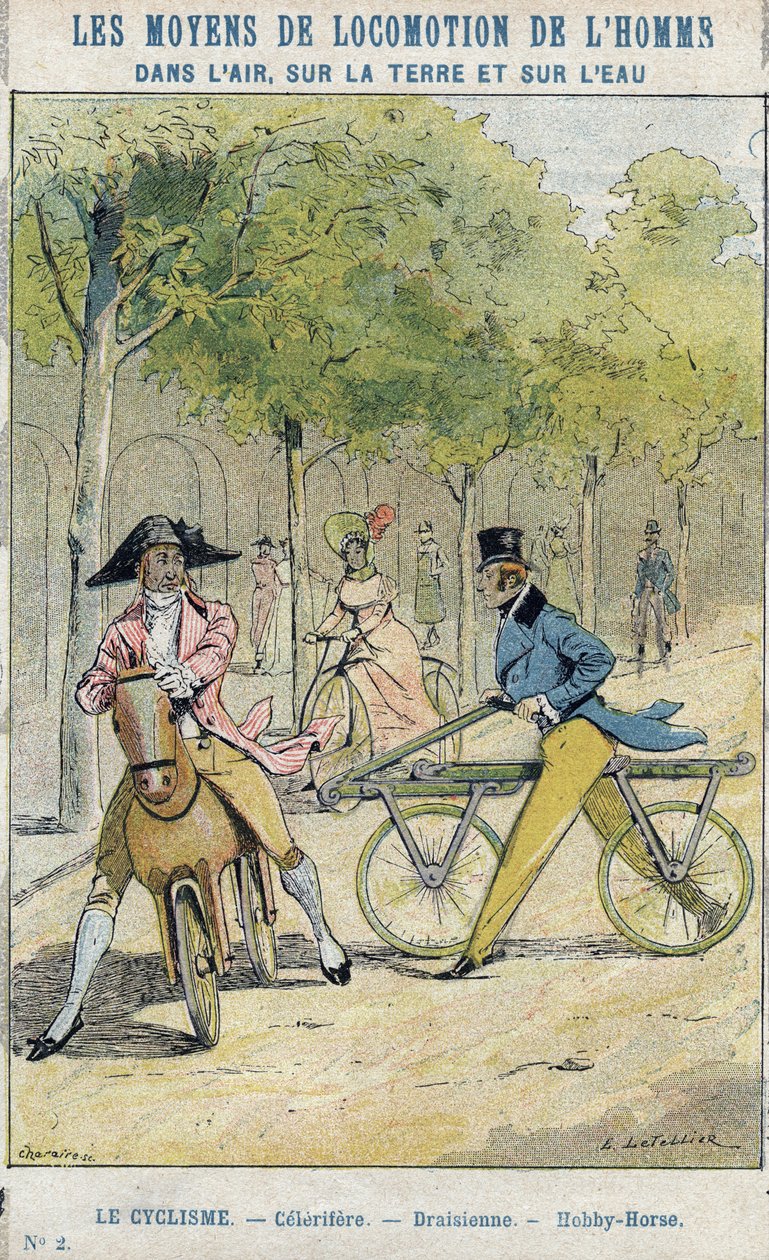 Velocipedes - Angielski celerifere - Draisienne, przodek roweru - Z pokrowca ochronnego na podręczniki szkolne, koniec XIX wieku - ilustracja E Letellier - Celerifere - Draisienne - Koń hobbystyczny (Nobby Horse) - Zeszyt ochrony historyczny, płetwa 19t autorstwa E. Letellier