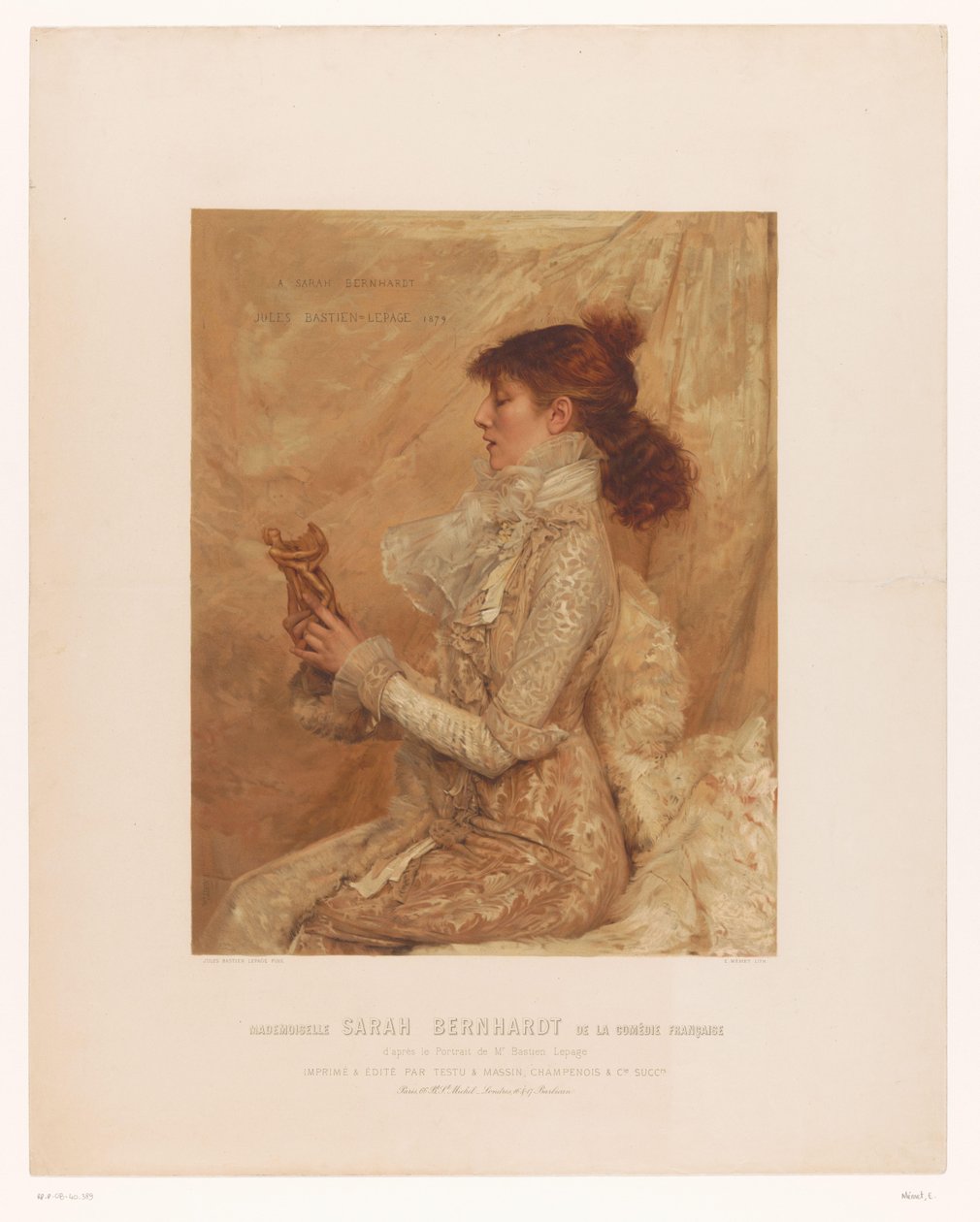 Portret Sary Bernhardt Mademoiselle Sarah Bernhardt z francuskiej komedii (tytuł na obiekcie) autorstwa E. Mémet