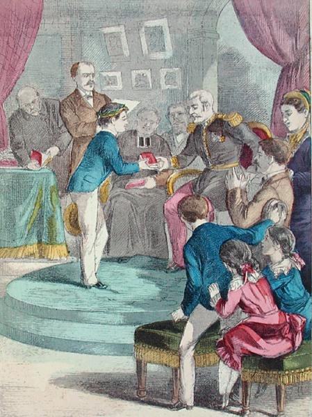 Ceremonia wręczenia nagród, ilustracja z „Beaux Jours et Fetes des Petits Enfants” A. des Tilleuls, koniec XIX w. (kolorowa rycina) autorstwa E. Morel