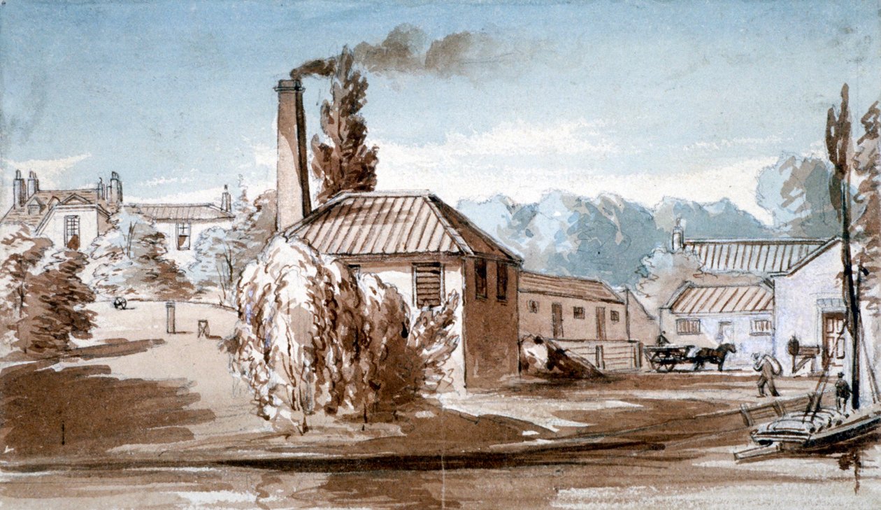 Widok Stephenson i Giles Starch Works w Old Ford, Bow, Londyn, c1830. autorstwa E Noyce