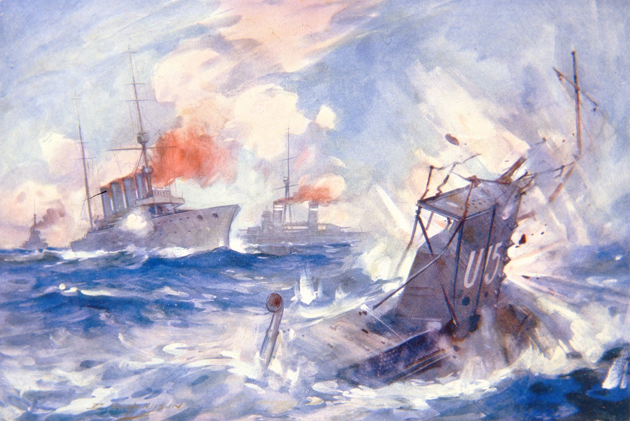 Zatopienie niemieckiego okrętu podwodnego U15 przez HMS Birmingham (litografia kolorowa) autorstwa E. S. (after) Hodgson