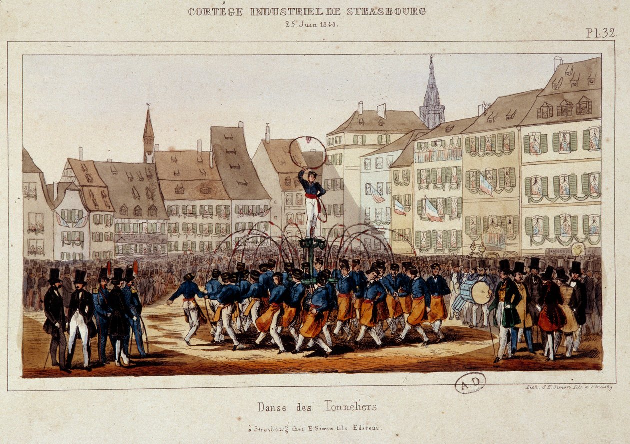 La danse des tonneliers podczas konduktu przemysłowego w Strasburgu w dniu 25.06.1840 r. Litografia Szymona autorstwa E. Simon