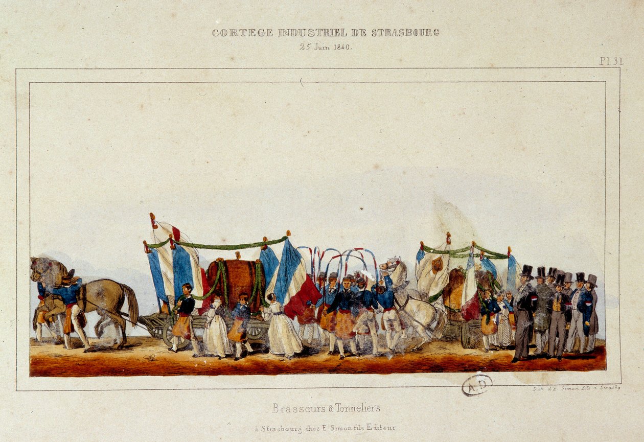 Taniec piwowarów i bednarzy podczas konduktu przemysłowego w Strasburgu 25.06.1840. Litografia Szymona autorstwa E. Simon