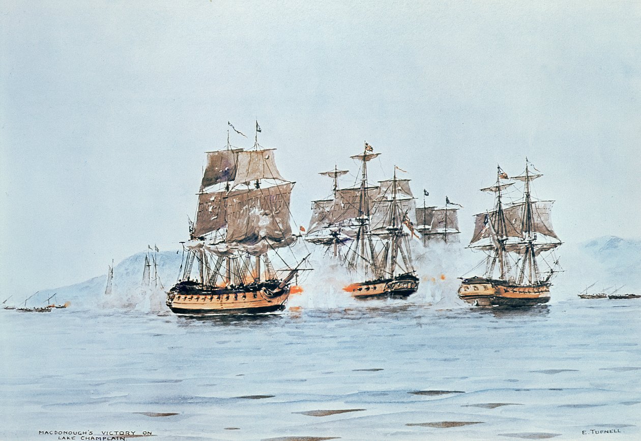 Komandor Macdonough w Saratodze pokonuje Brytyjczyków, Bitwa nad jeziorem Champlain autorstwa E. Tufnell