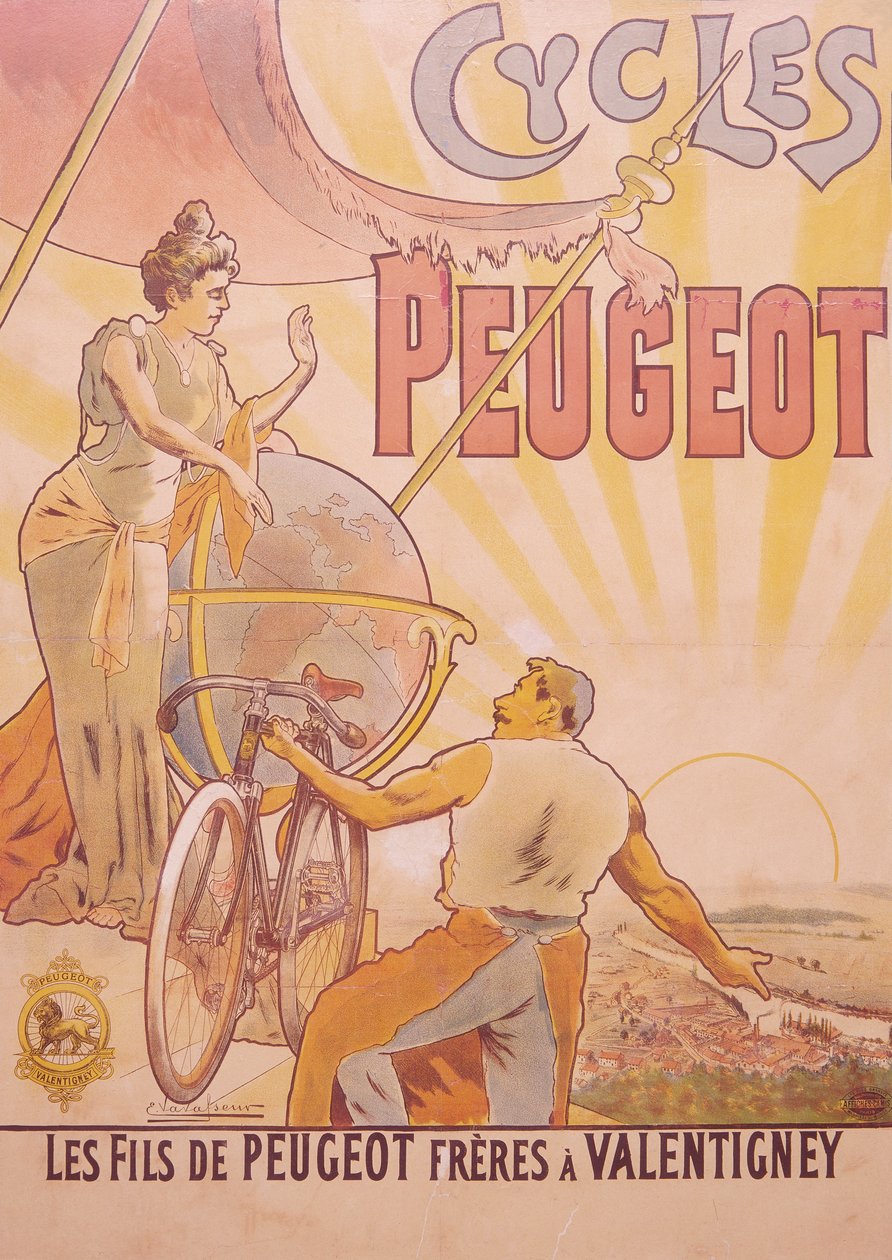 Plakat reklamujący rowery Peugeot, koniec XIX-początek XX wieku autorstwa E Vavasseur