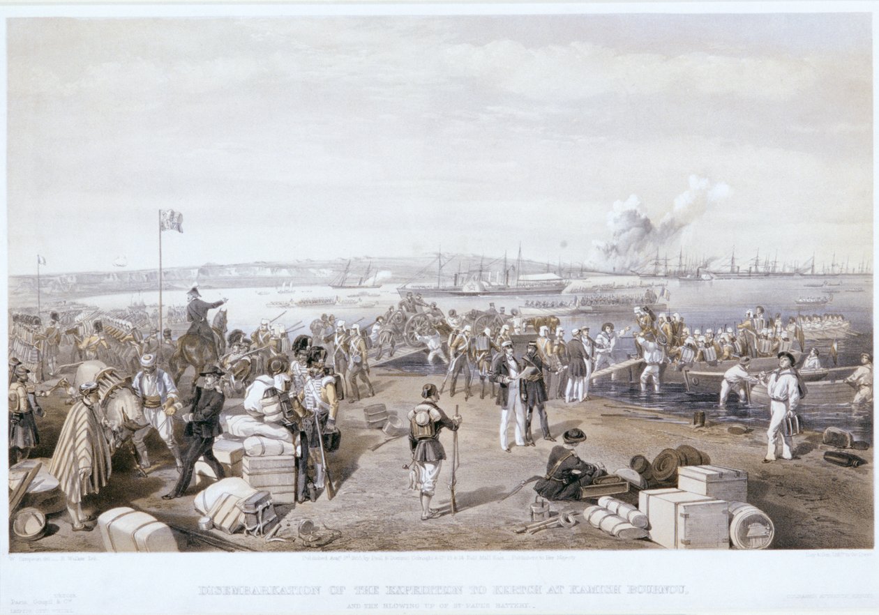„Wyokrętowanie wyprawy do Kertch w Kamish Bournou”, 1855 autorstwa E Walker