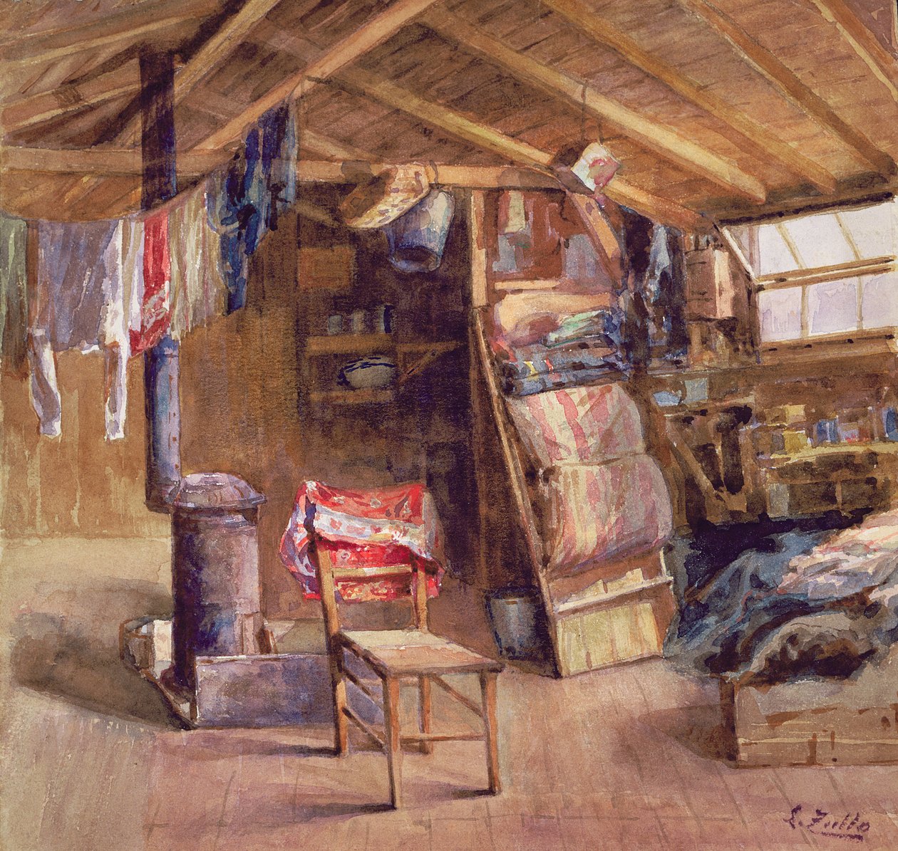 Wnętrze poddasza, ok. 1860 (akwarela na papierze) autorstwa E. Zoello