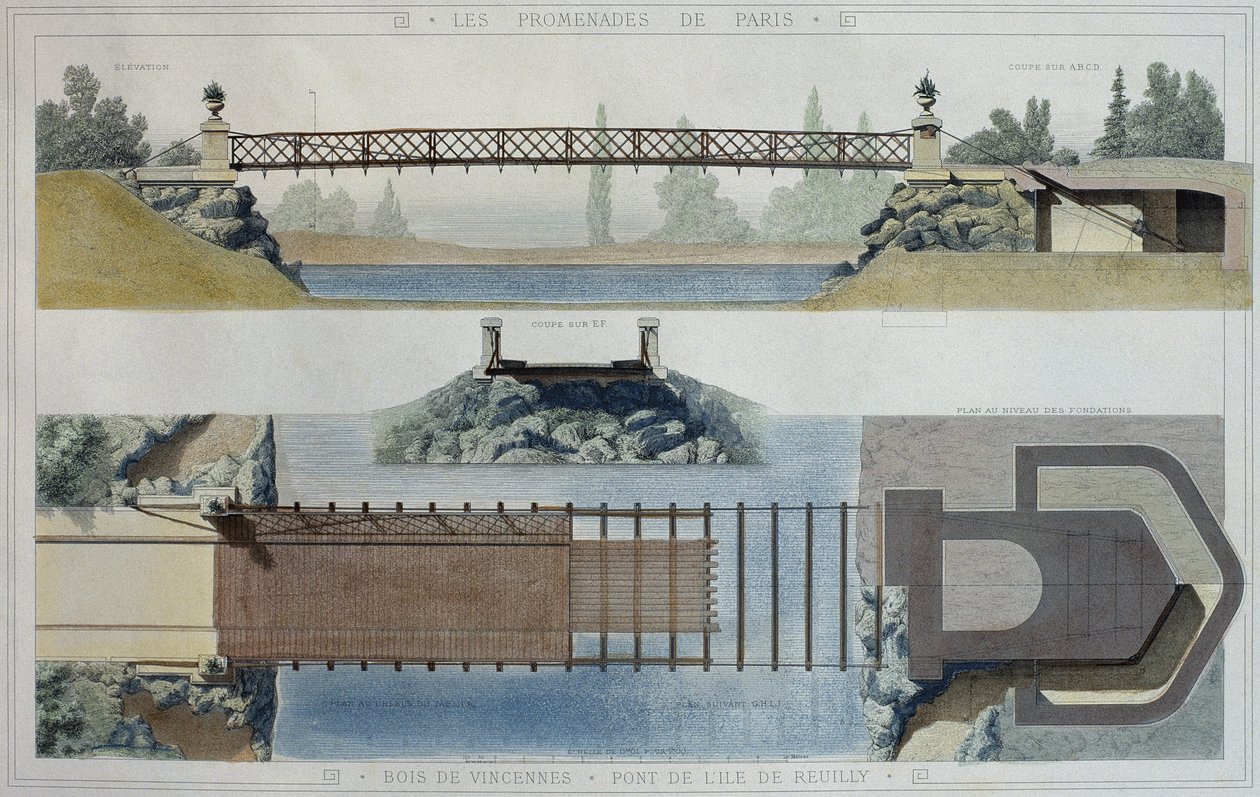 Bois de Vincennes i most na wyspie Reuilly, ilustracja z „Promenades de Paris”, rytowana przez Jeana Josepha Sulpisa (1826-1911) autorstwa E. and Dardoize, Louis Emile Hochereau