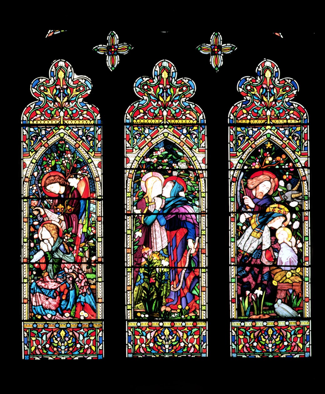 Zwiastowanie, Nawiedzenie i Narodzenie, wykonane przez Laversa i Barrauda, 1860 (witraż) (zob. też 11886) autorstwa E. and Halliday, M. F. Burne Jones
